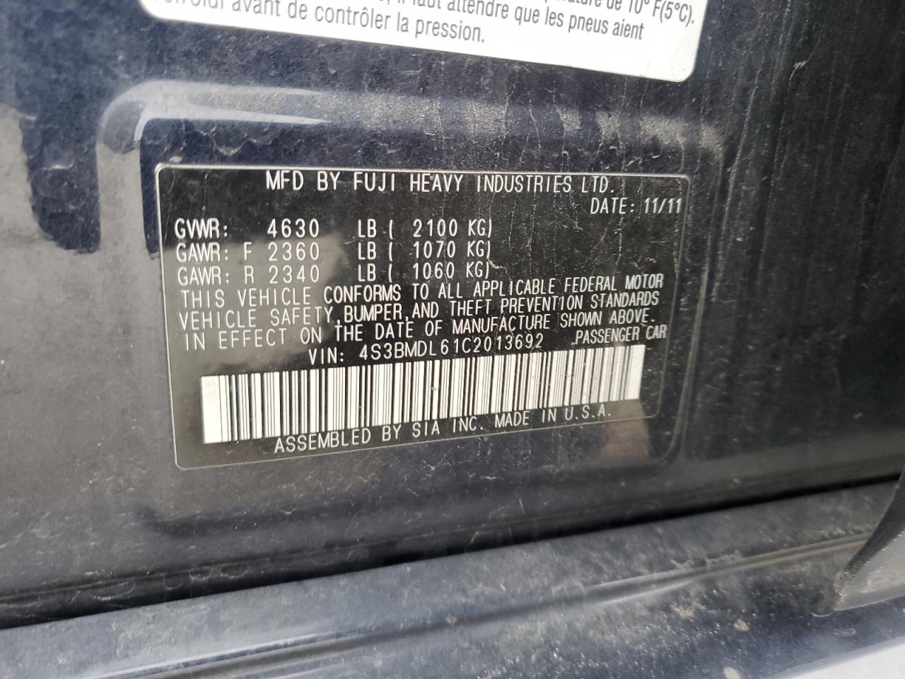 2012 Subaru Legacy 3.6R Limited VIN: 4S3BMDL61C2013692 Lot: 93134365