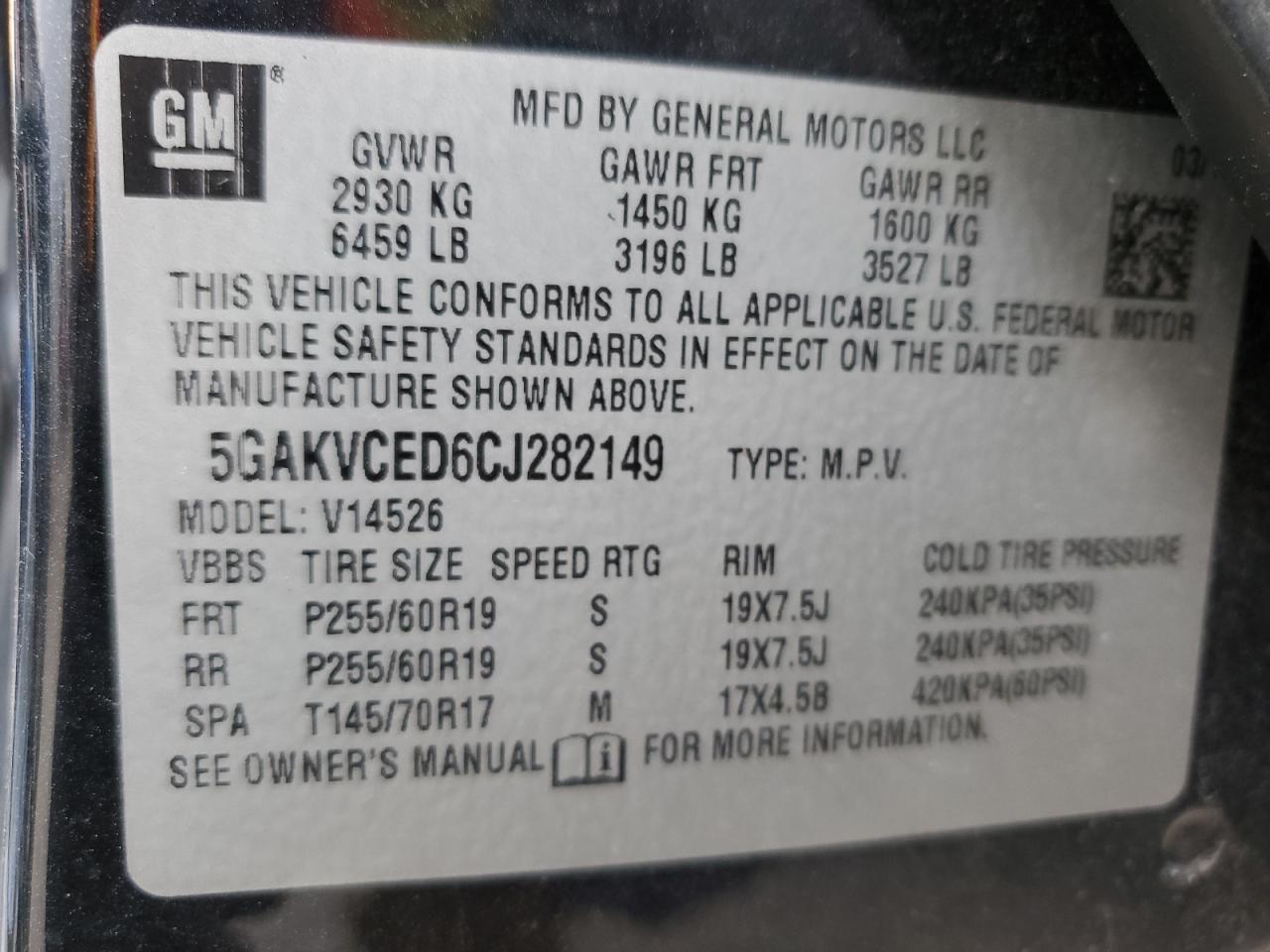 2012 Buick Enclave VIN: 5GAKVCED6CJ282149 Lot: 92021185