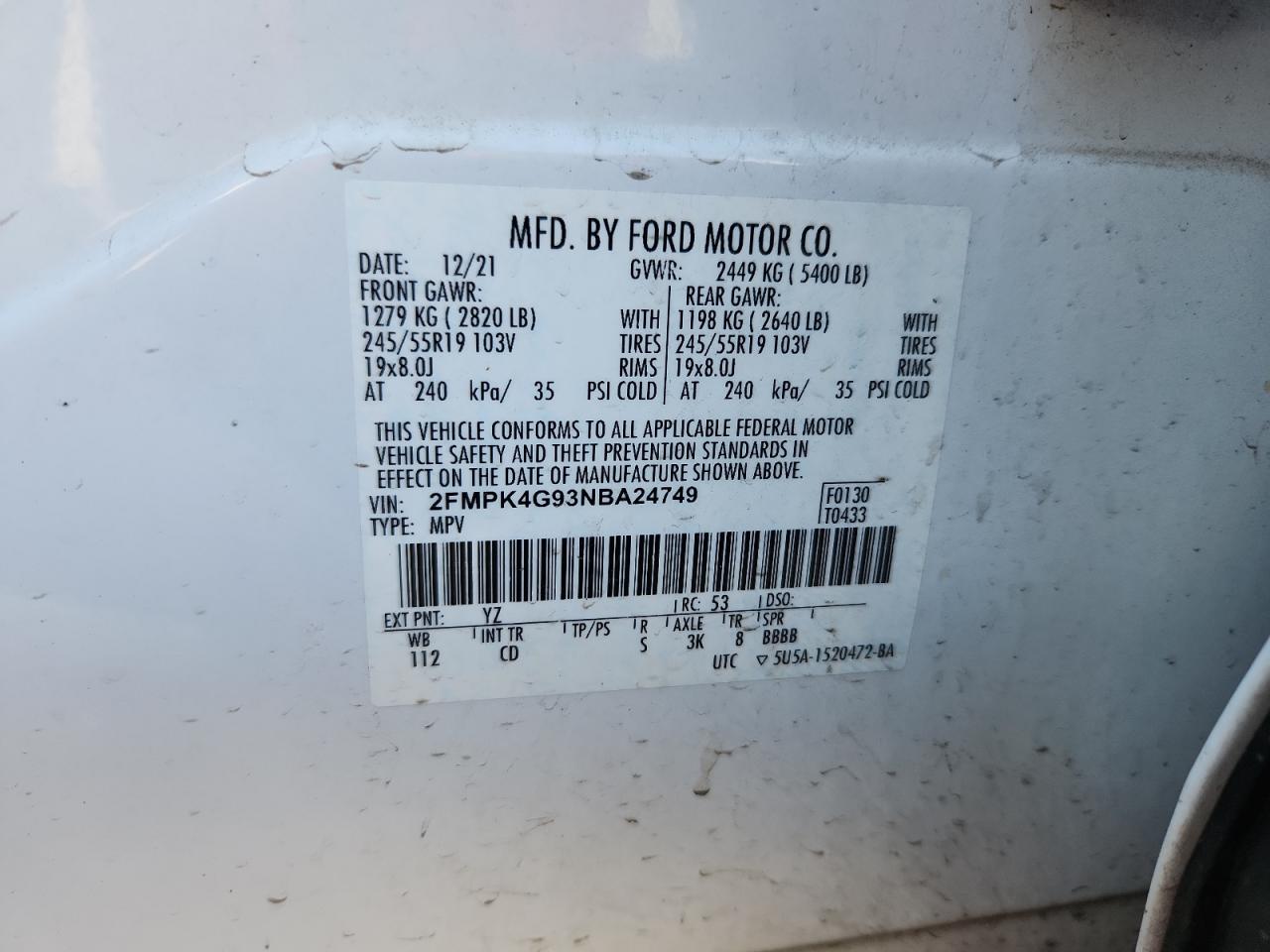 2022 Ford Edge Se VIN: 2FMPK4G93NBA24749 Lot: 91378445