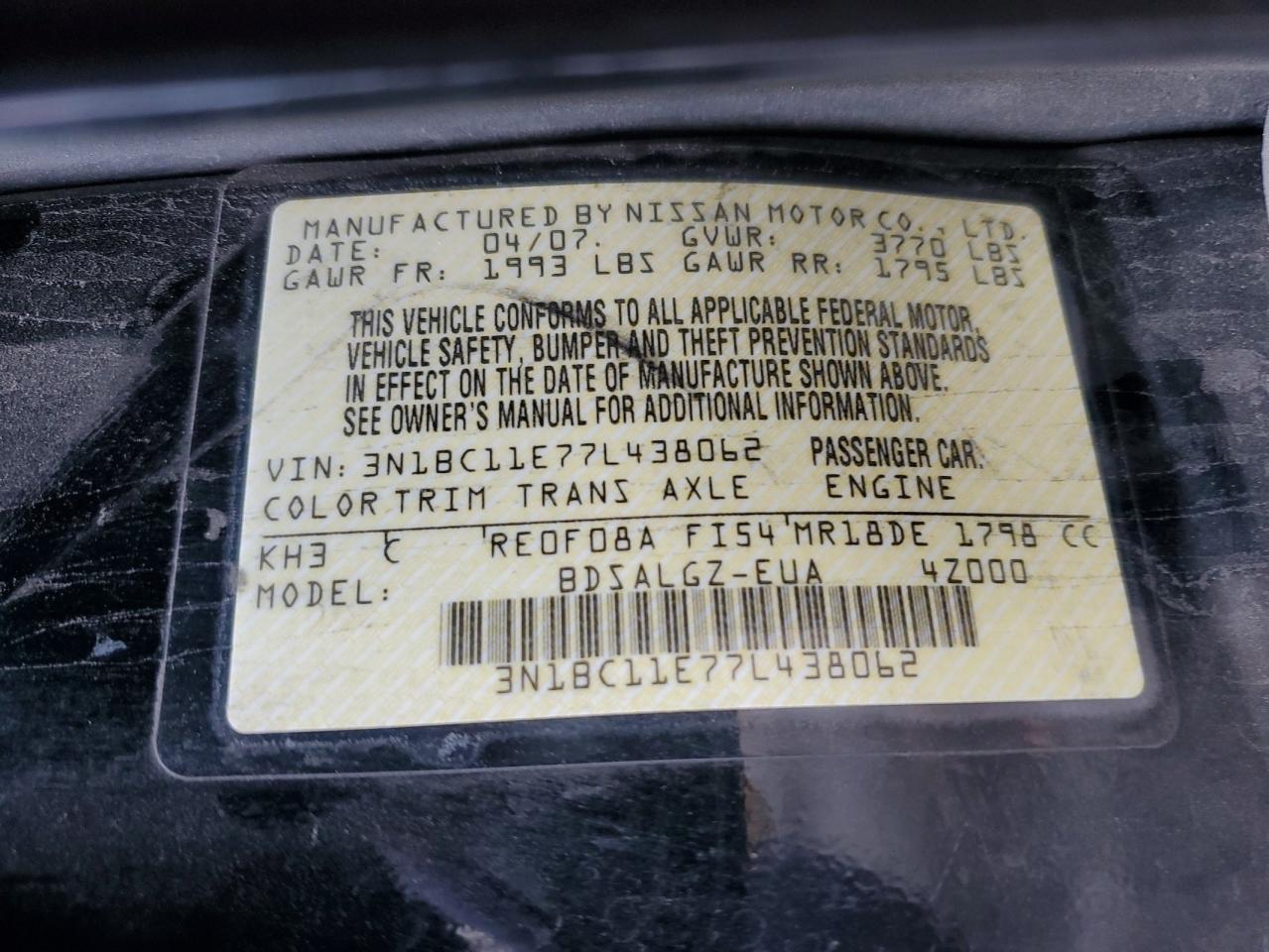 2007 Nissan Versa S VIN: 3N1BC11E77L438062 Lot: 91741505