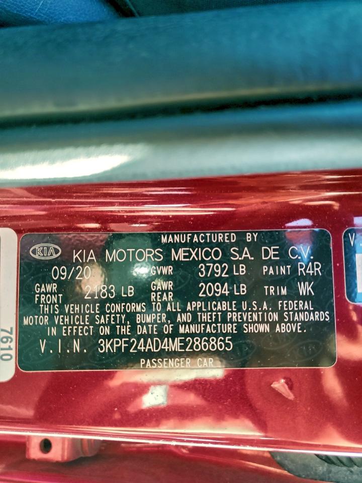 2021 Kia Forte Fe VIN: 3KPF24AD4ME286865 Lot: 92763035