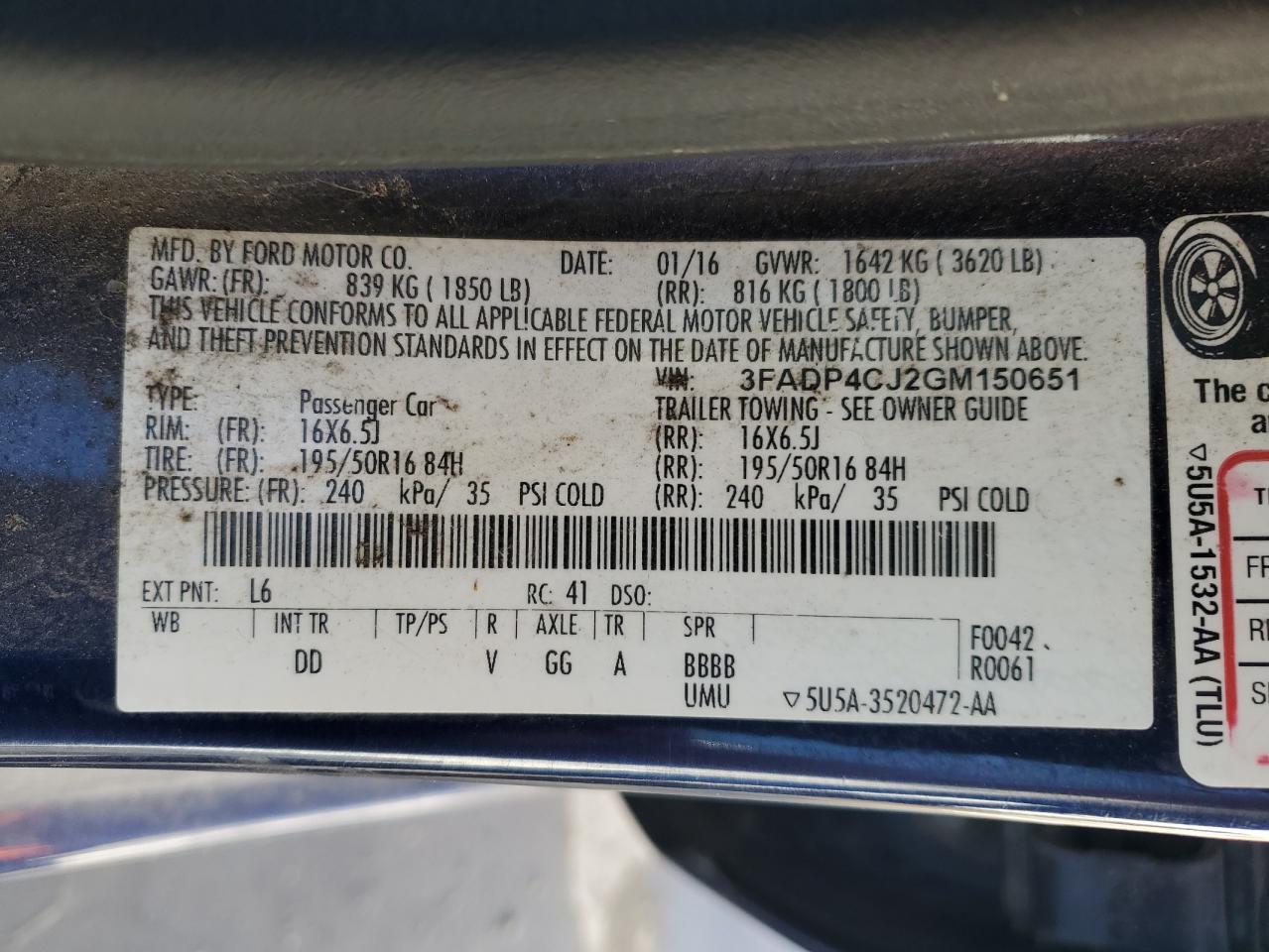 2016 Ford Fiesta Titanium VIN: 3FADP4CJ2GM150651 Lot: 91035895