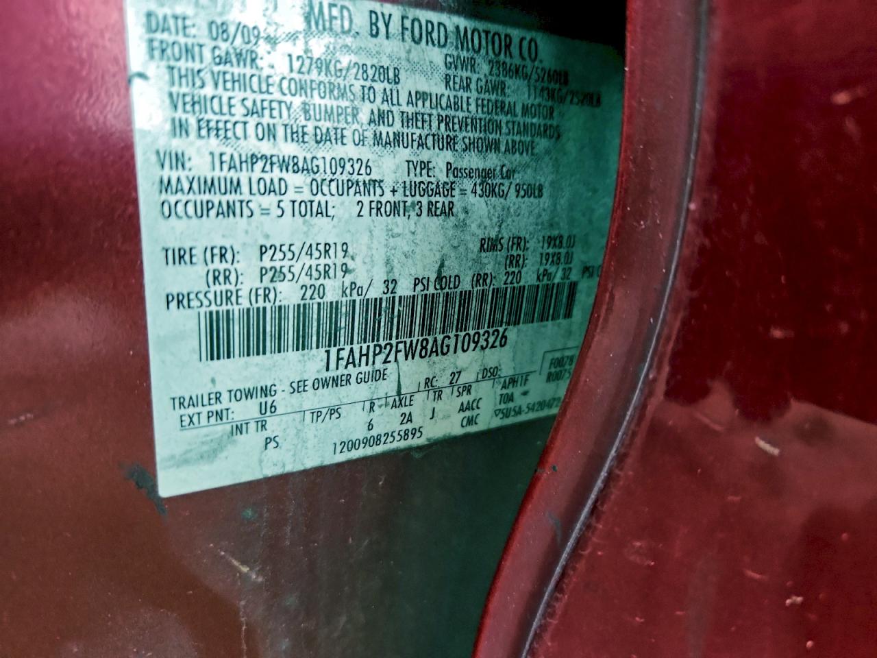 2010 Ford Taurus Limited VIN: 1FAHP2FW8AG109326 Lot: 93880345