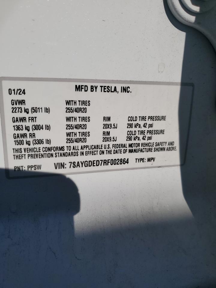 2024 Tesla Model Y VIN: 7SAYGDED7RF002864 Lot: 91249435