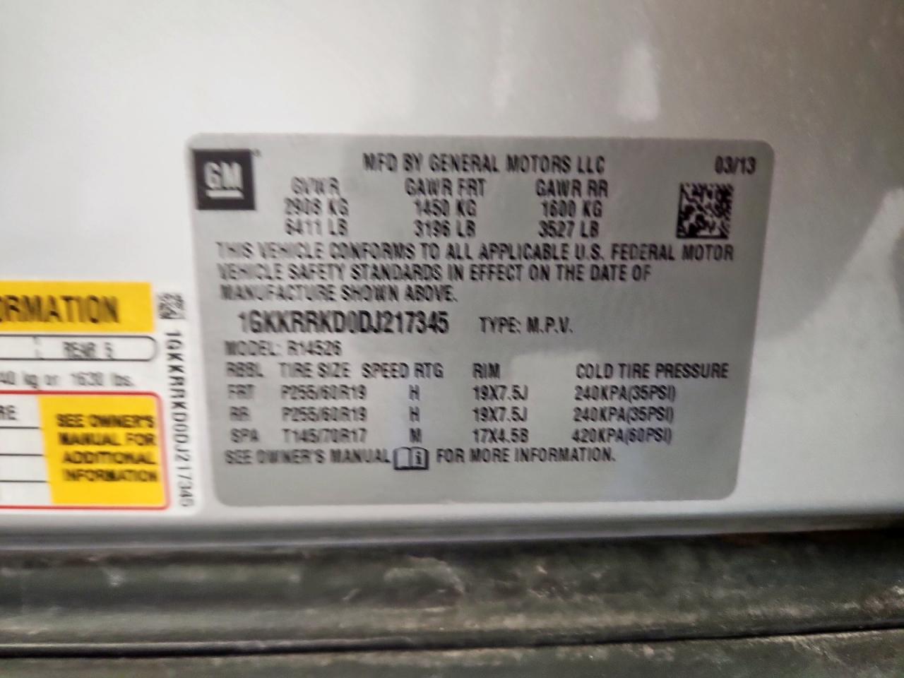 2013 GMC Acadia Slt-1 VIN: 1GKKRRKD0DJ217345 Lot: 93124435