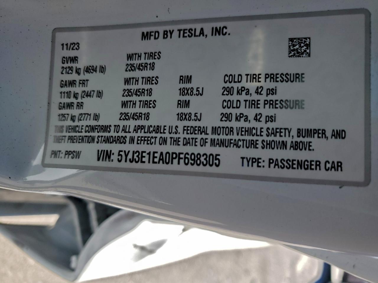 2023 Tesla Model 3 VIN: 5YJ3E1EA0PF698305 Lot: 91444765