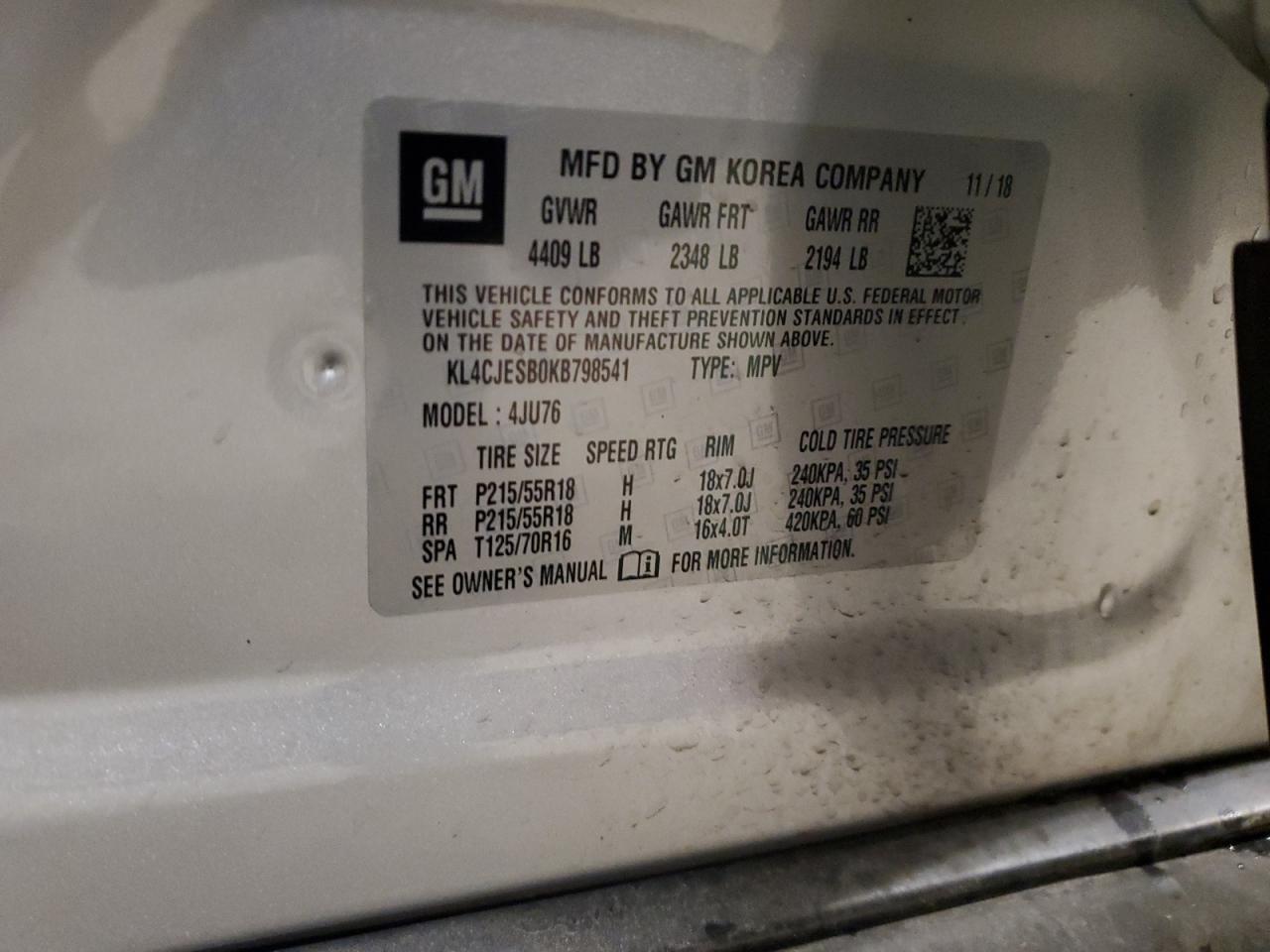 2019 Buick Encore Preferred VIN: KL4CJESB0KB798541 Lot: 93093575