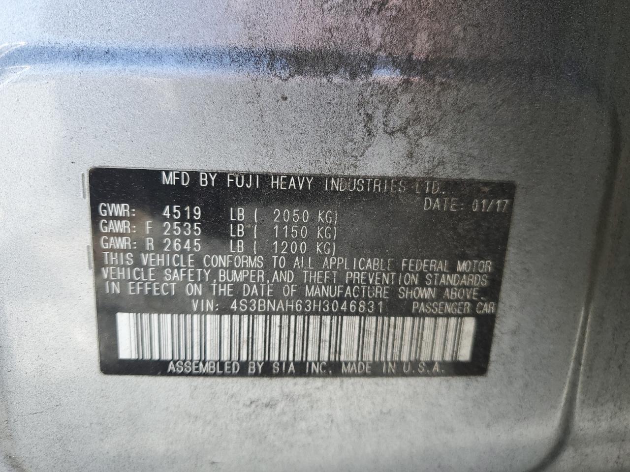 2017 Subaru Legacy 2.5I Premium VIN: 4S3BNAH63H3046831 Lot: 91199775