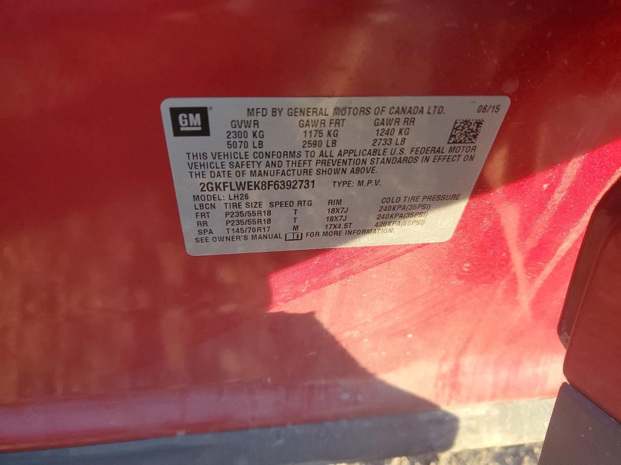 2015 GMC Terrain Sle VIN: 2GKFLWEK8F6392731 Lot: 91231735