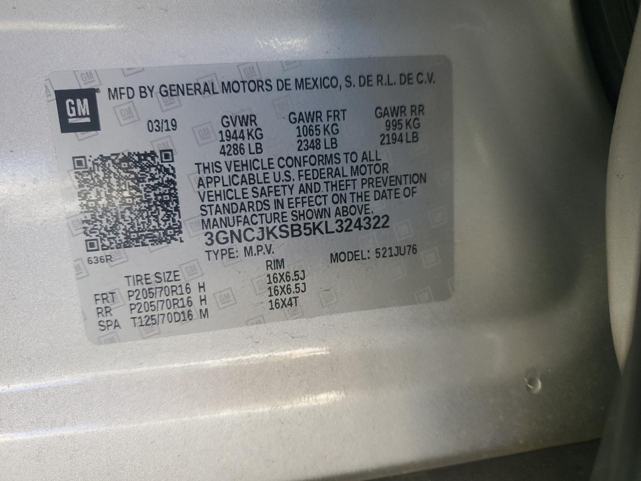 2019 Chevrolet Trax Ls VIN: 3GNCJKSB5KL324322 Lot: 92615535