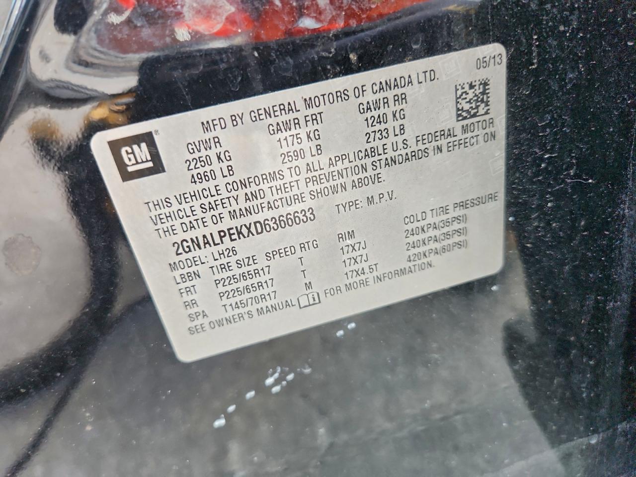 2013 Chevrolet Equinox Lt VIN: 2GNALPEKXD6366633 Lot: 94416595