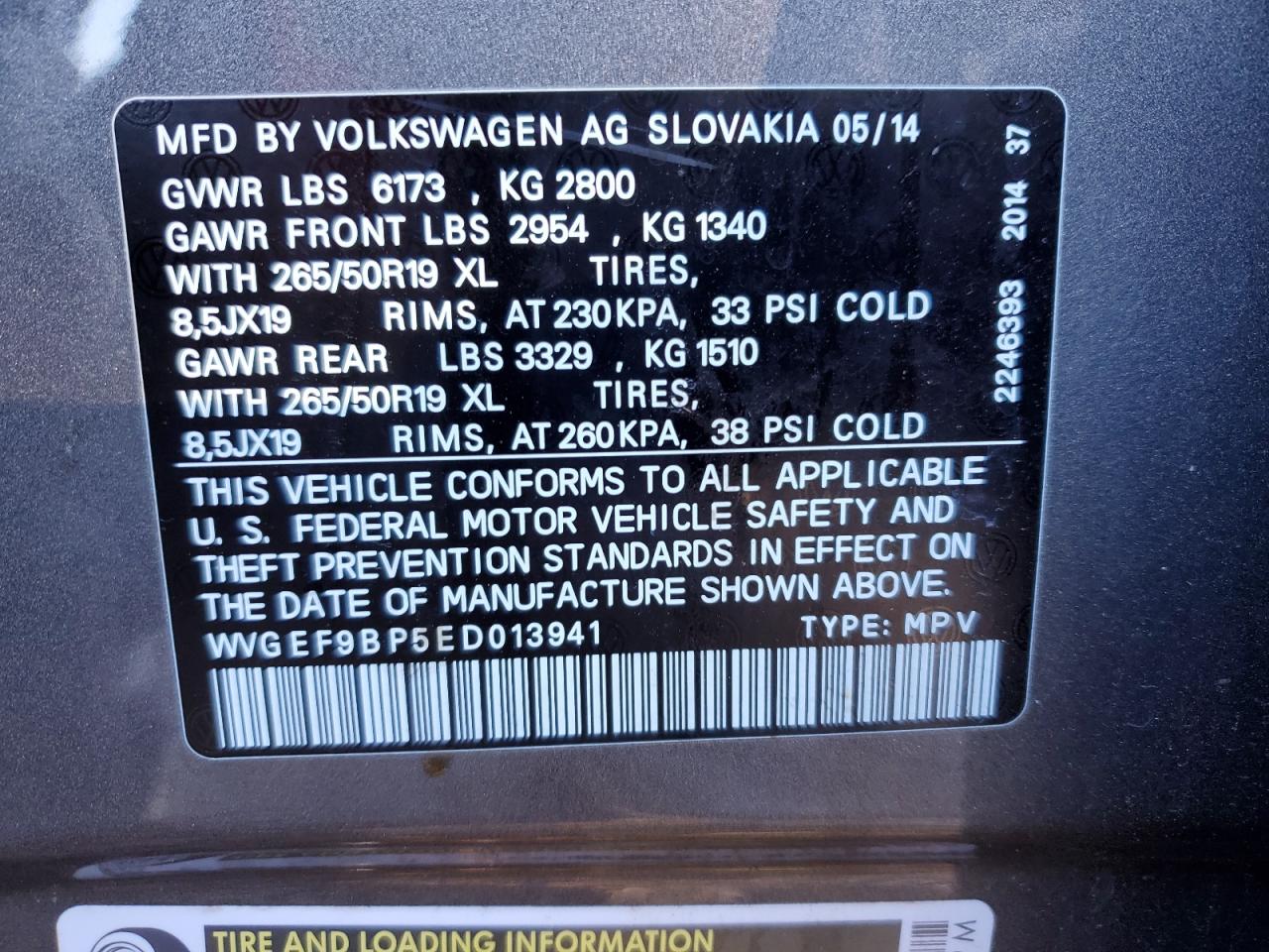 2014 Volkswagen Touareg V6 VIN: WVGEF9BP5ED013941 Lot: 92102255