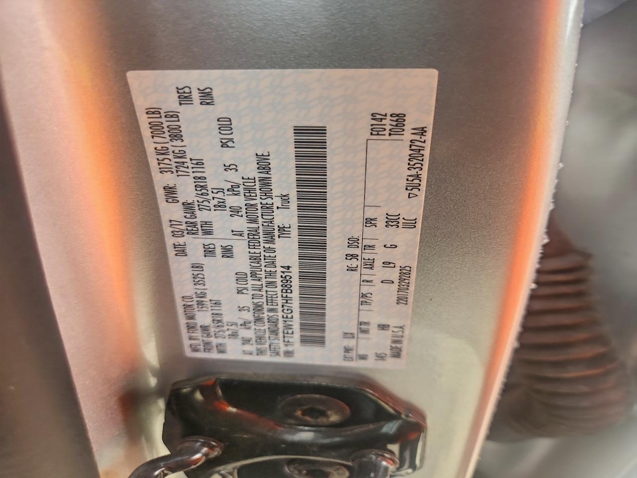 2017 Ford F150 Supercrew VIN: 1FTEW1EG7HFB89514 Lot: 93856525