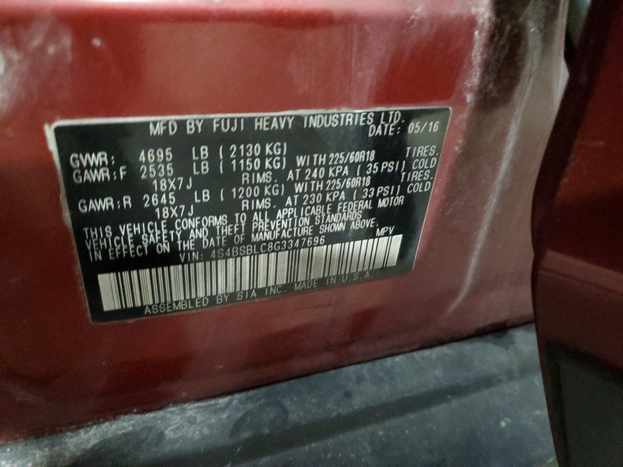 2016 Subaru Outback 2.5I Limited VIN: 4S4BSBLC8G3347696 Lot: 93199635