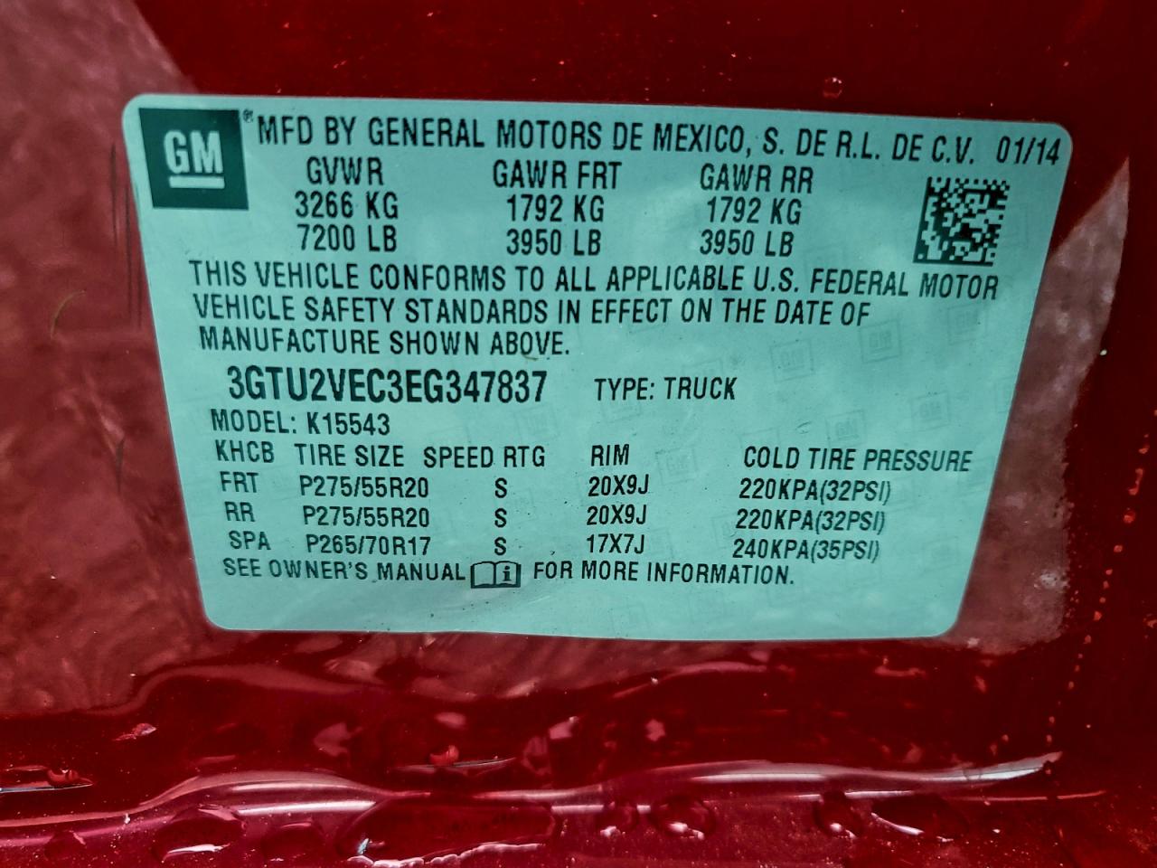 2014 GMC Sierra K1500 Slt VIN: 3GTU2VEC3EG347837 Lot: 94451505