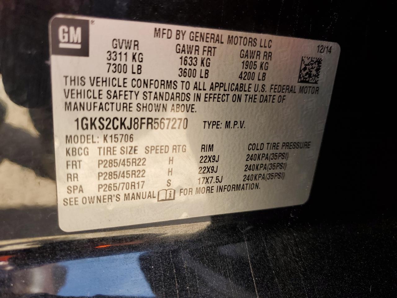 2015 GMC Yukon Denali VIN: 1GKS2CKJ8FR567270 Lot: 90998595