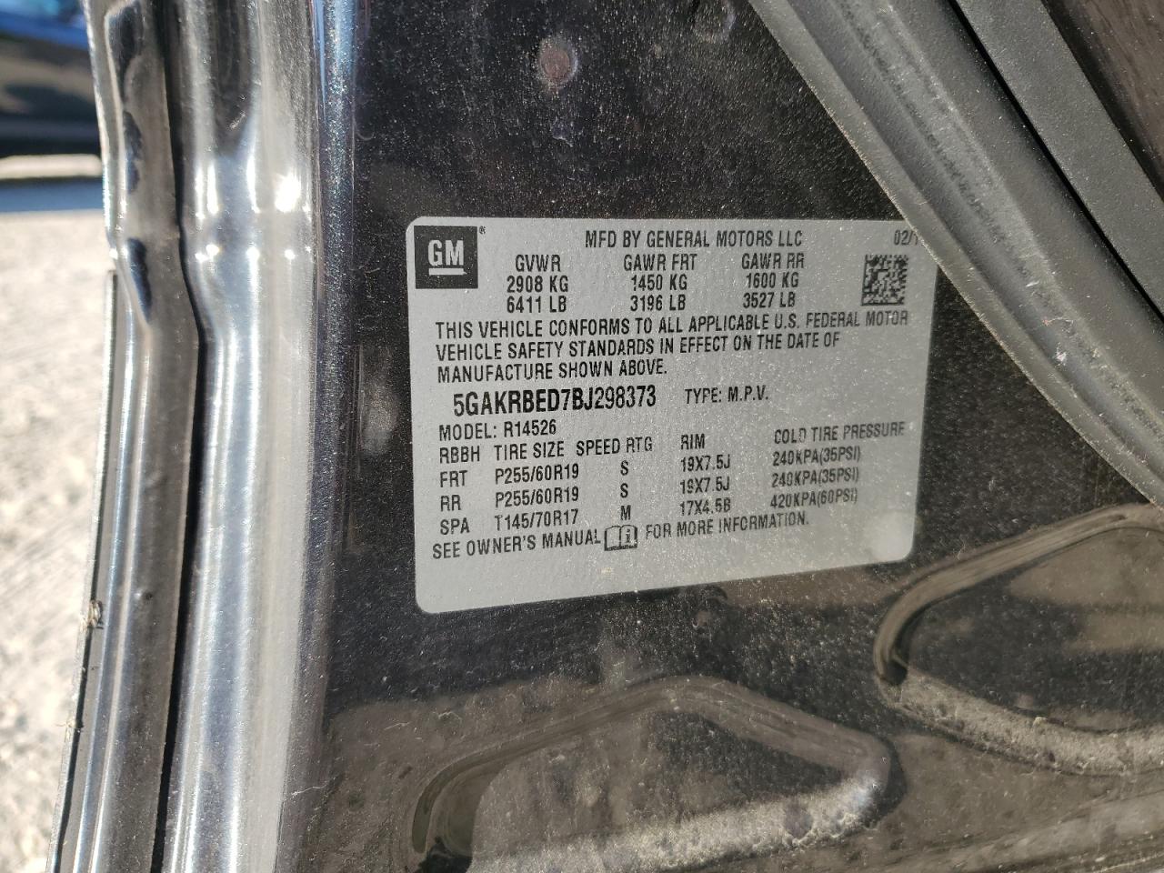 2011 Buick Enclave Cxl VIN: 5GAKRBED7BJ298373 Lot: 92872025