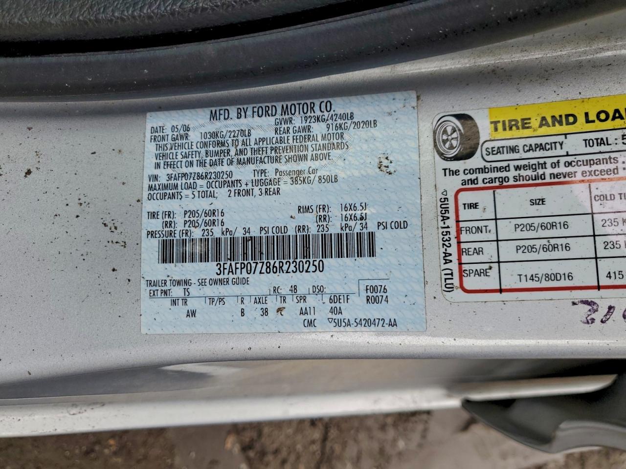 2006 Ford Fusion Se VIN: 3FAFP07Z86R230250 Lot: 93824065