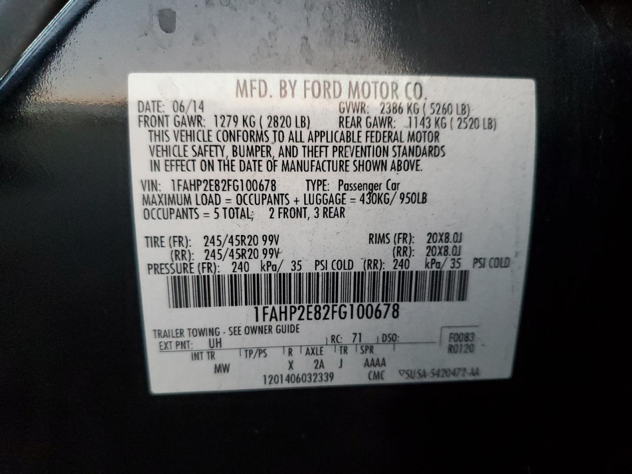 2015 Ford Taurus Sel VIN: 1FAHP2E82FG100678 Lot: 93882515