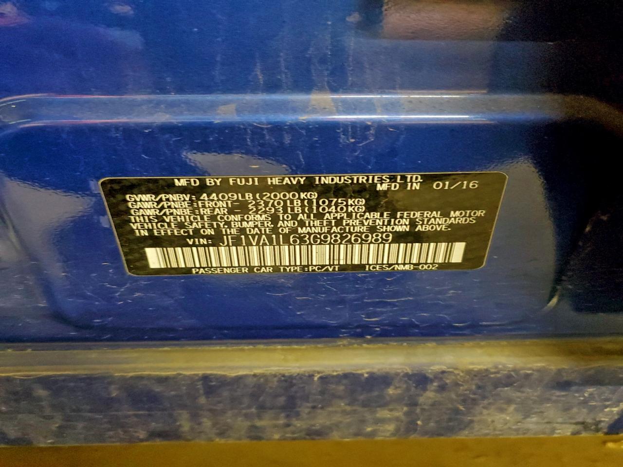 2016 Subaru Wrx Limited VIN: JF1VA1L63G9826989 Lot: 94123965