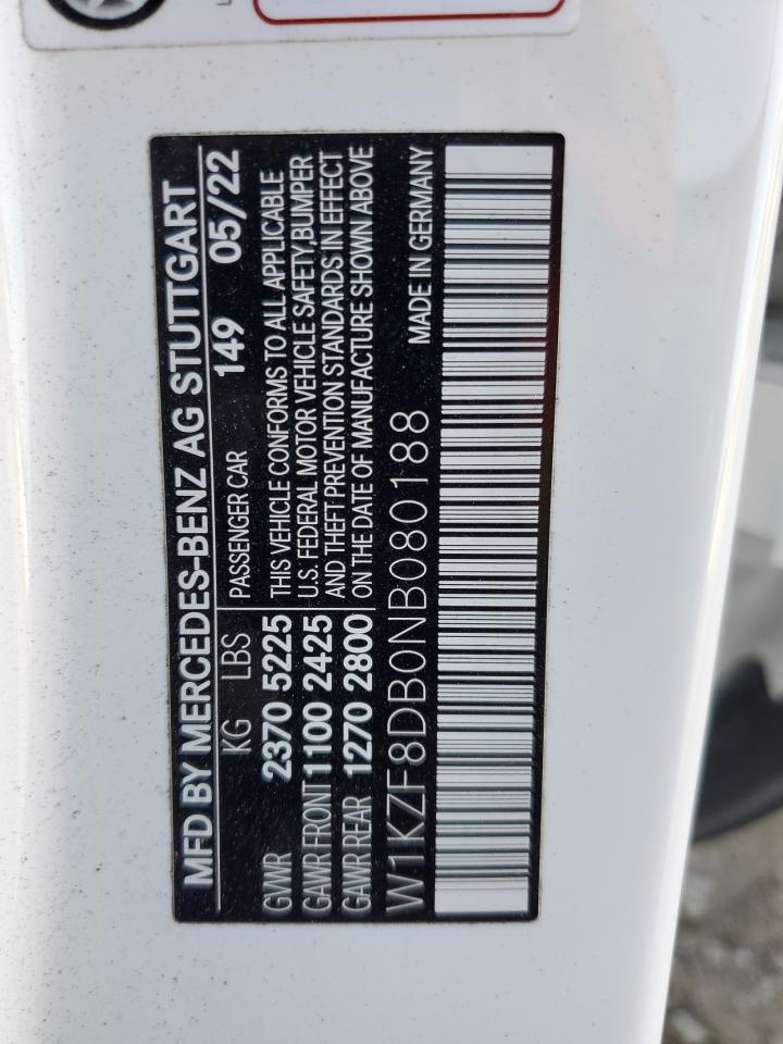 2022 Mercedes-Benz E 350 VIN: W1KZF8DB0NB080188 Lot: 91638665