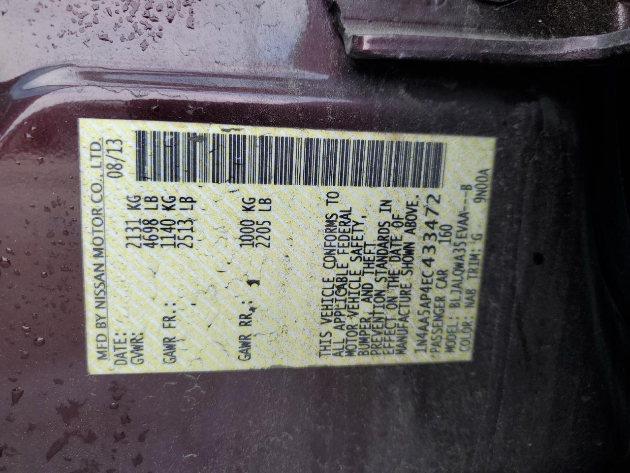 2014 Nissan Maxima S VIN: 1N4AA5AP4EC433472 Lot: 93461295