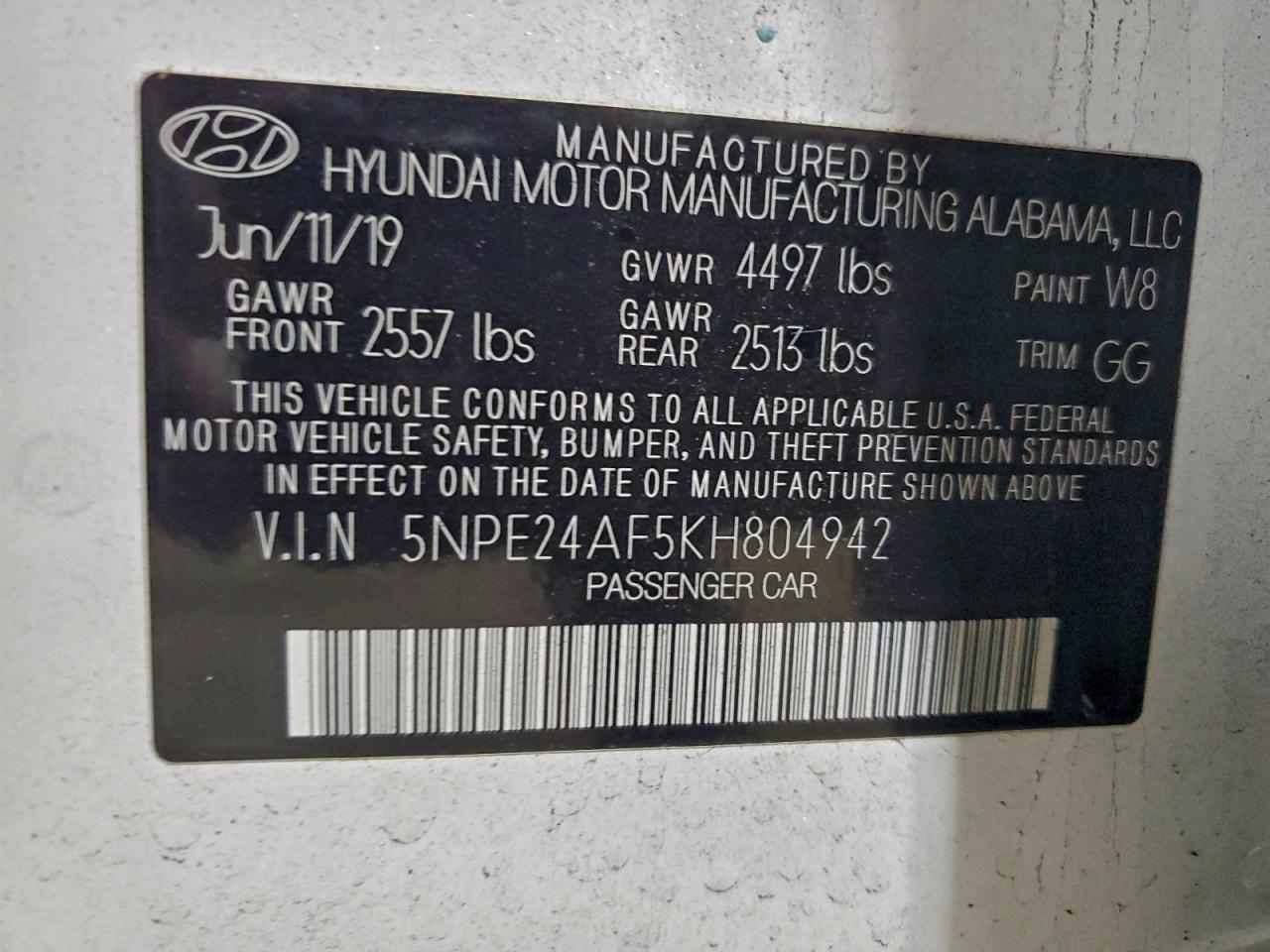 2019 Hyundai Sonata Se VIN: 5NPE24AF5KH804942 Lot: 93971775