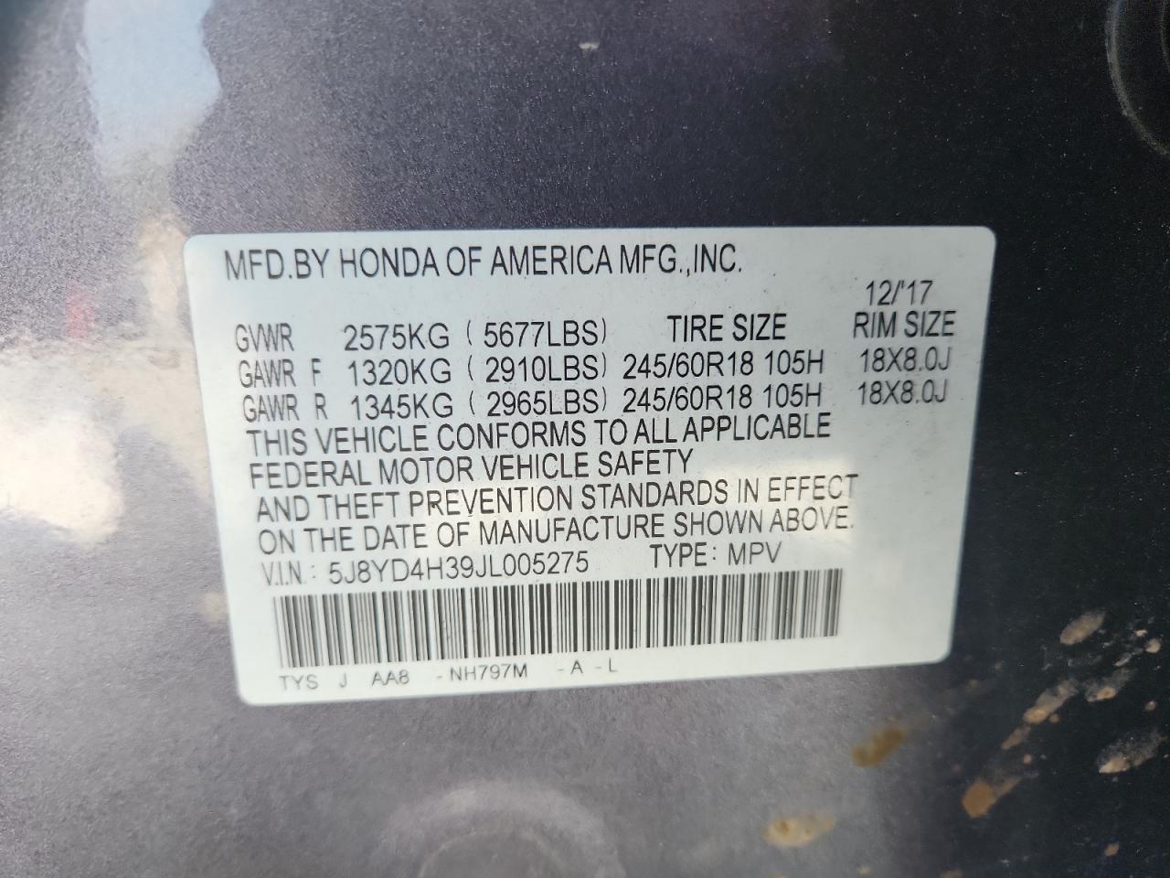 2018 Acura Mdx VIN: 5J8YD4H39JL005275 Lot: 93407055