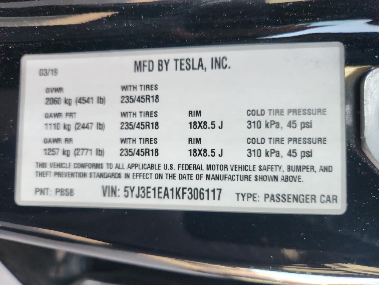 2019 Tesla Model 3 VIN: 5YJ3E1EA1KF306117 Lot: 93955905