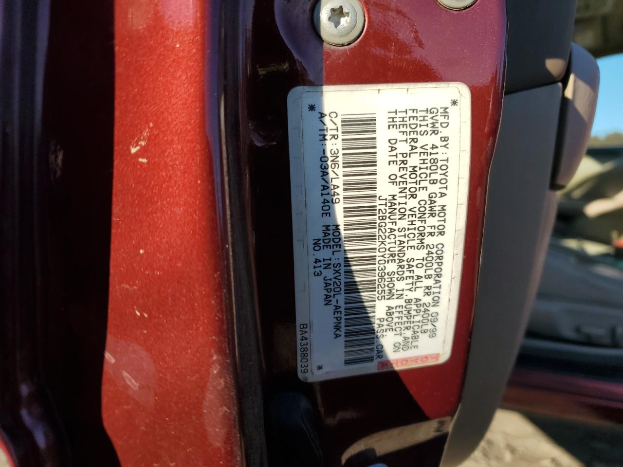 2000 Toyota Camry Ce VIN: JT2BG22K0Y0396255 Lot: 90905245