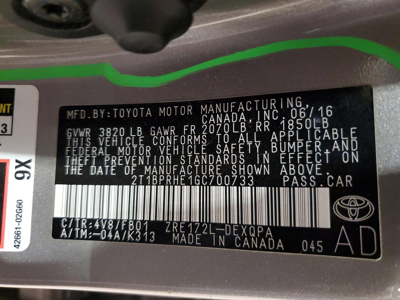 2016 Toyota Corolla Eco VIN: 2T1BPRHE1GC700733 Lot: 90516325
