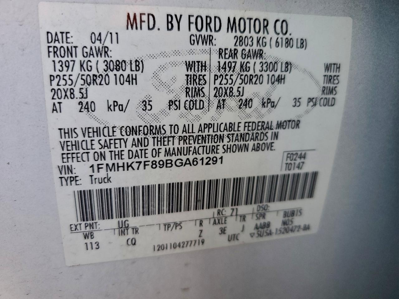 2011 Ford Explorer Limited VIN: 1FMHK7F89BGA61291 Lot: 94389615