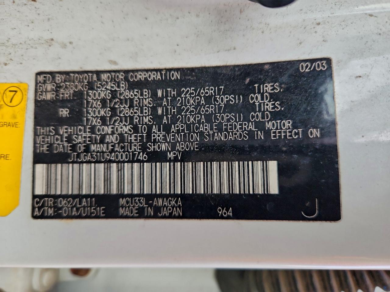 2004 Lexus Rx 330 VIN: JTJGA31U940001746 Lot: 94684695