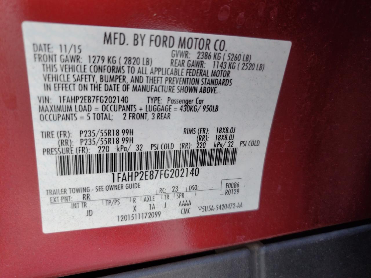 2015 Ford Taurus Sel VIN: 1FAHP2E87FG202140 Lot: 93191715