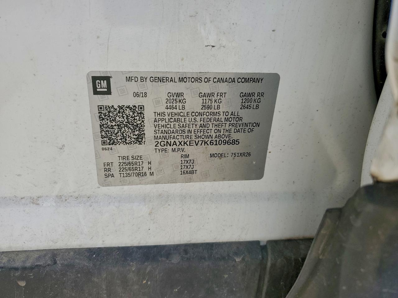 2019 Chevrolet Equinox Lt VIN: 2GNAXKEV7K6109685 Lot: 94045995