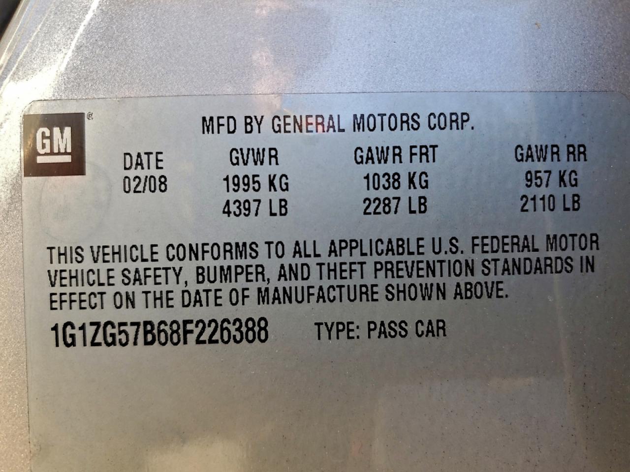 2008 Chevrolet Malibu Ls VIN: 1G1ZG57B68F226388 Lot: 94056955