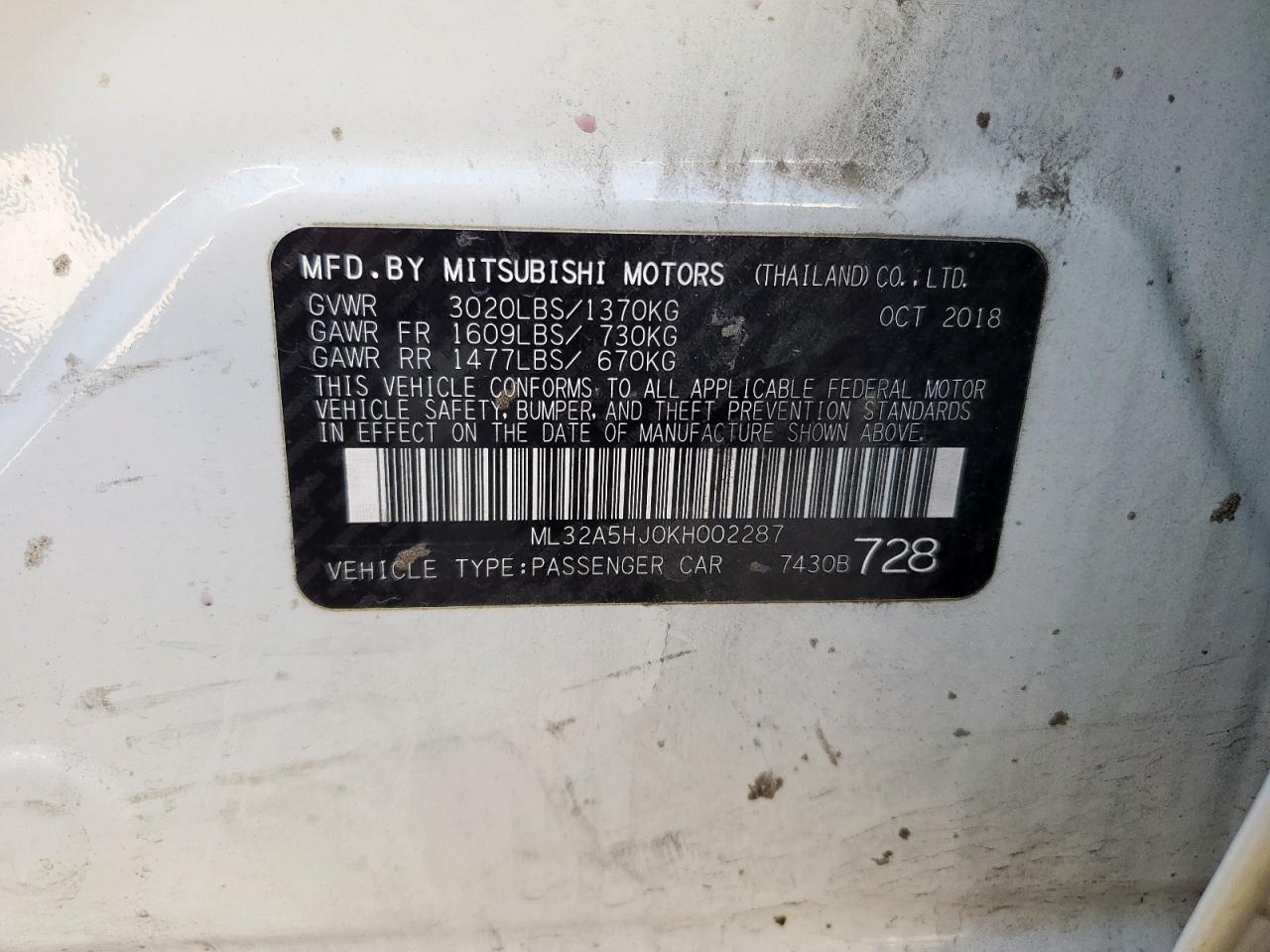 2019 Mitsubishi Mirage Le VIN: ML32A5HJ0KH002287 Lot: 92328495