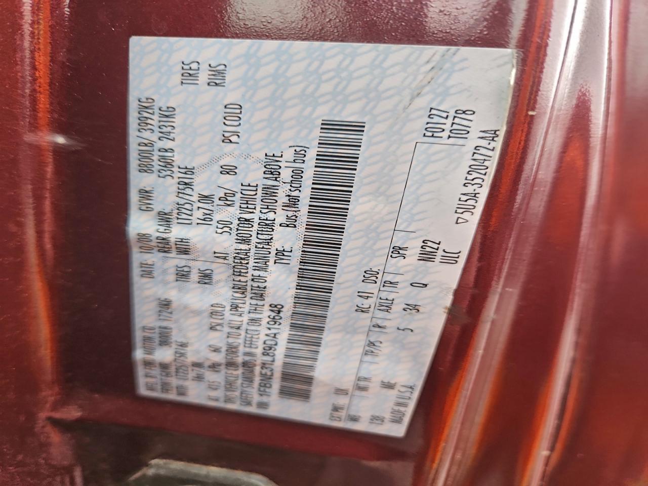 2009 Ford Econoline E350 Super Duty Wagon VIN: 1FBNE31L89DA19648 Lot: 94243185