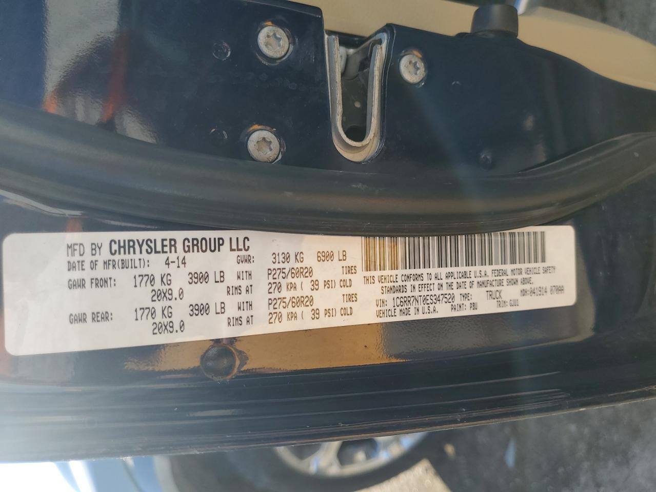 2014 Ram 1500 Laramie VIN: 1C6RR7NT0ES347520 Lot: 91382255