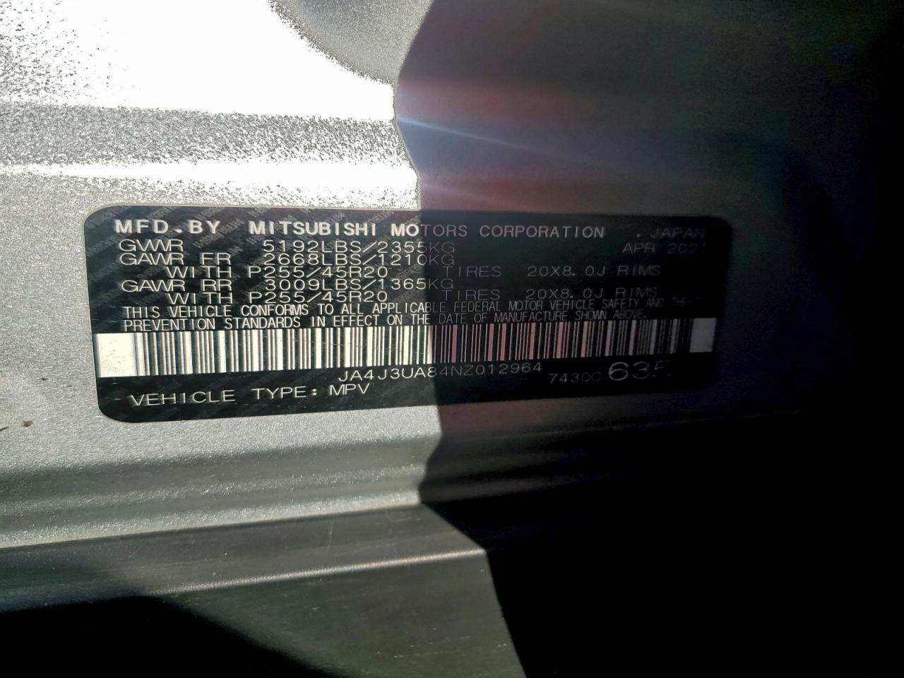 2022 Mitsubishi Outlander Se VIN: JA4J3UA84NZ012964 Lot: 94220505