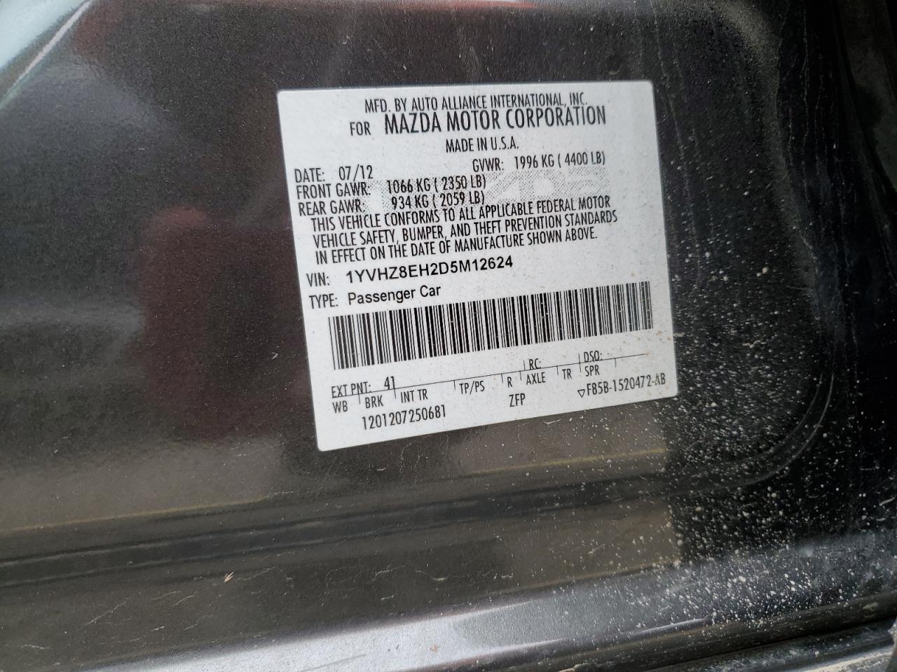 2013 Mazda 6 Touring Plus VIN: 1YVHZ8EH2D5M12624 Lot: 93668155