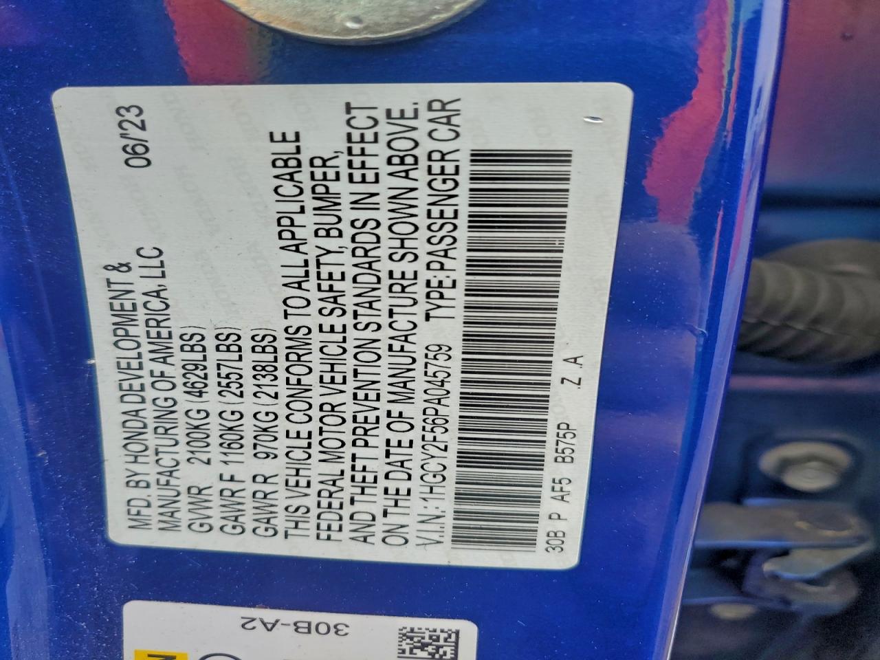 2023 Honda Accord Hybrid Sport VIN: 1HGCY2F56PA045759 Lot: 93814005