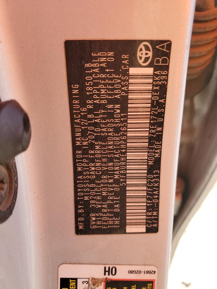 2017 Toyota Corolla L VIN: 5YFBURHE4HP626511 Lot: 92935425