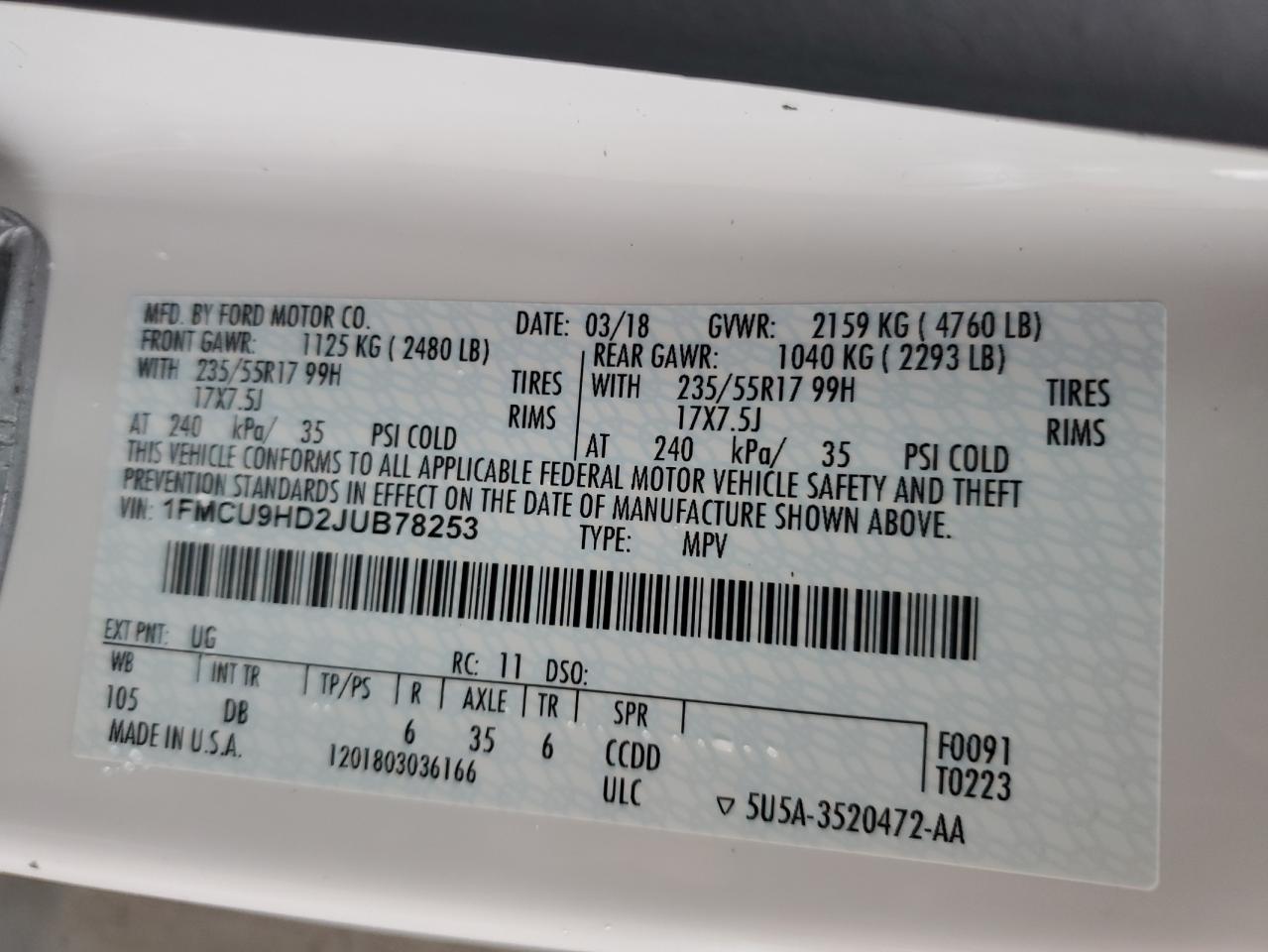 2018 Ford Escape Sel VIN: 1FMCU9HD2JUB78253 Lot: 91010875