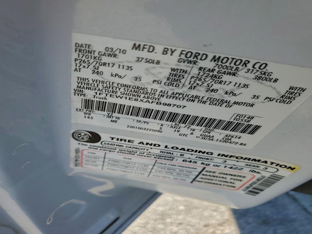 2010 Ford F150 Supercrew VIN: 1FTEW1E8XAFB98707 Lot: 92225875