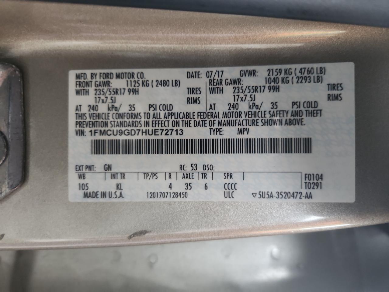 2017 Ford Escape Se VIN: 1FMCU9GD7HUE72713 Lot: 93197055