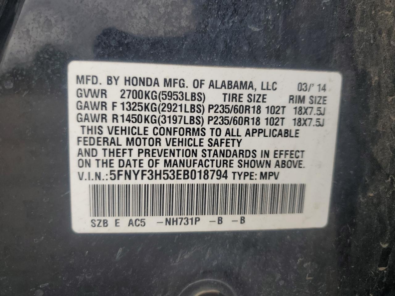 2014 Honda Pilot Exl VIN: 5FNYF3H53EB018794 Lot: 93435945