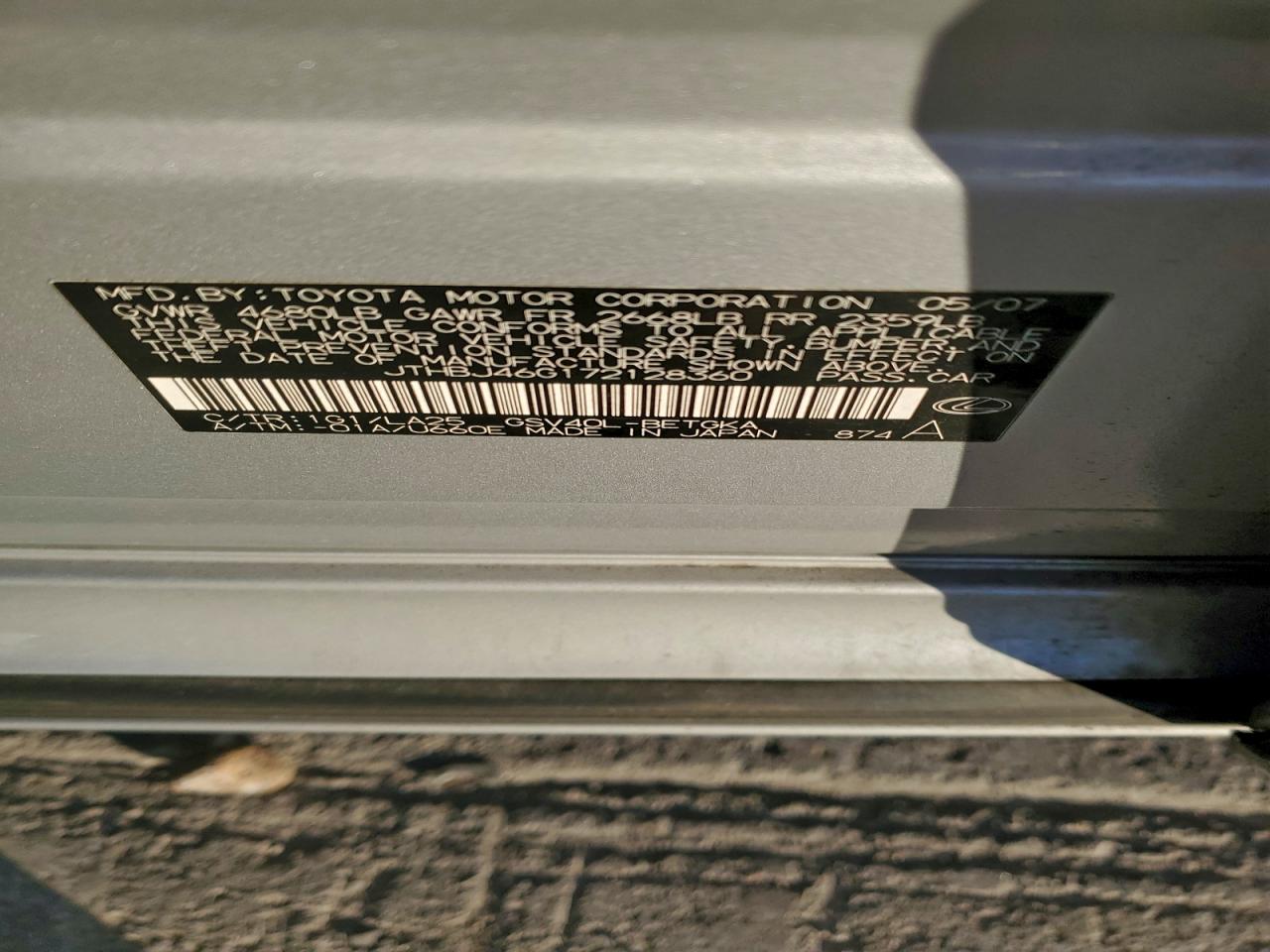 2007 Lexus Es 350 VIN: JTHBJ46G172128360 Lot: 94658855