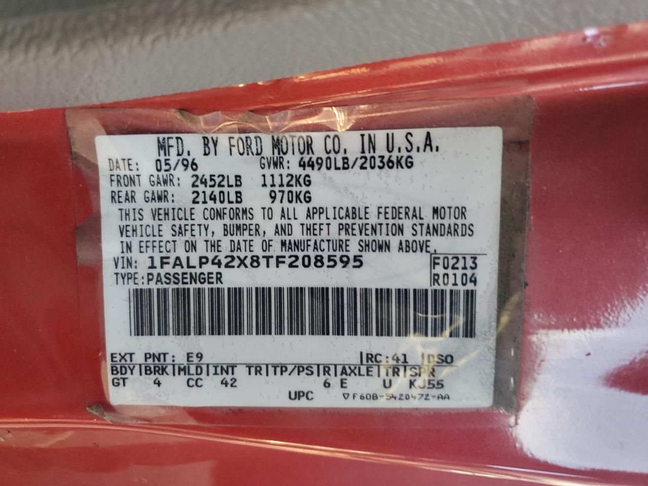 1996 Ford Mustang Gt VIN: 1FALP42X8TF208595 Lot: 91472125