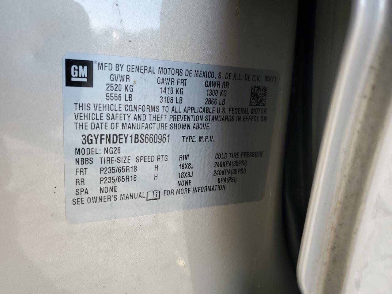 2011 Cadillac Srx Luxury Collection VIN: 3GYFNDEY1BS660961 Lot: 93511975